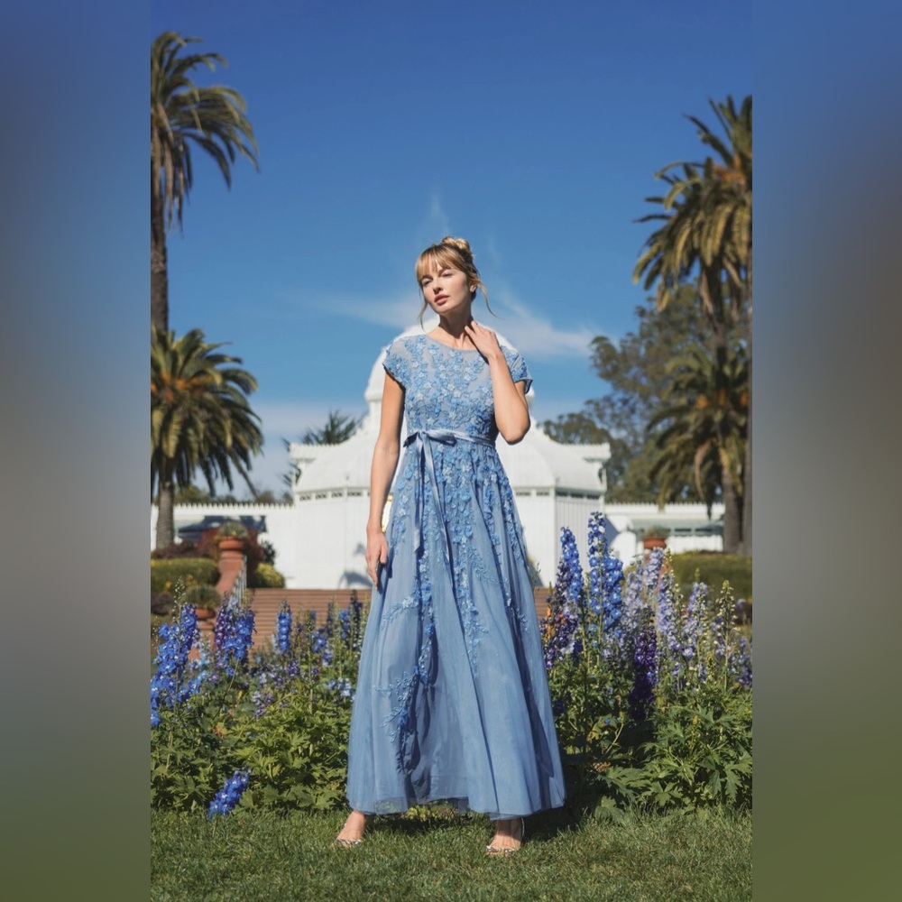 Mac Duggal Powder Blue Floral Appliqué Maxi Gown